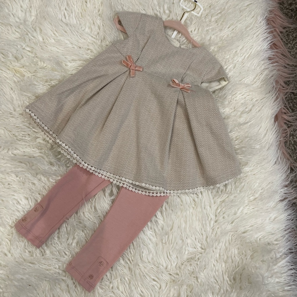 NWT TAHARI Lined Baby Girl Dress 18M Cream and Pink with leggings- 2pc